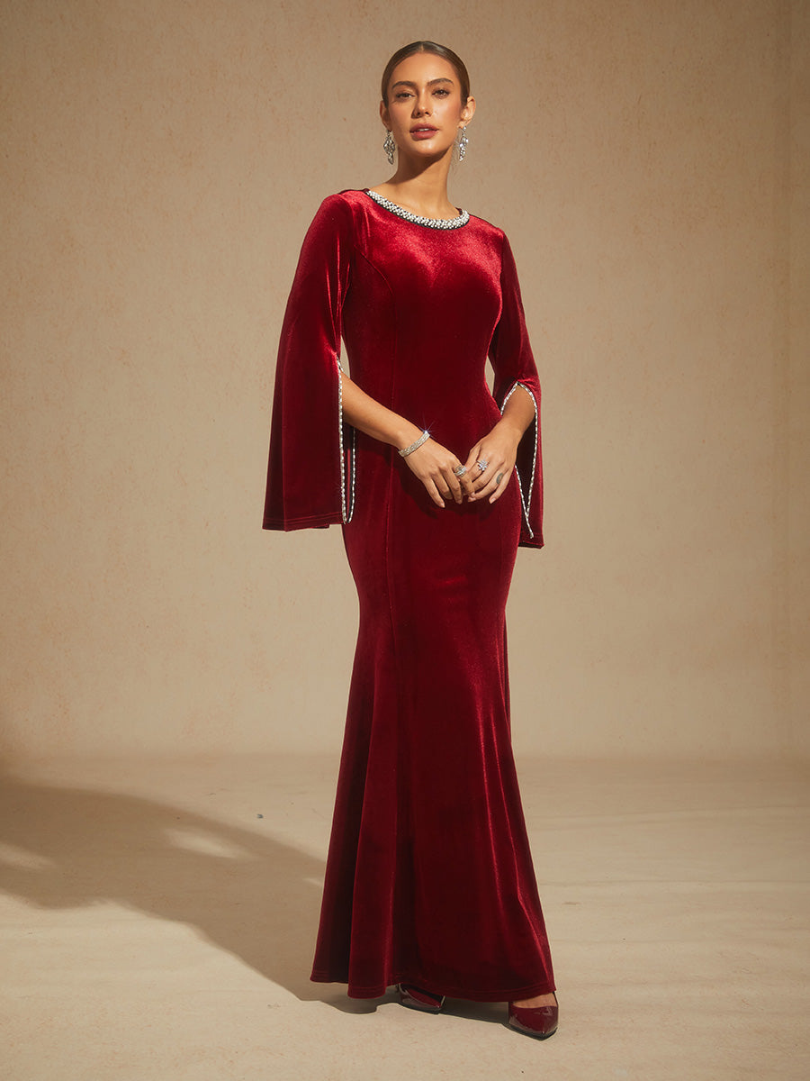 Velvet Evening Gown with Beaded Trim Detail