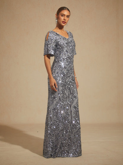 V-Neck Sequin Embroidered Cold Shoulder Evening Dress