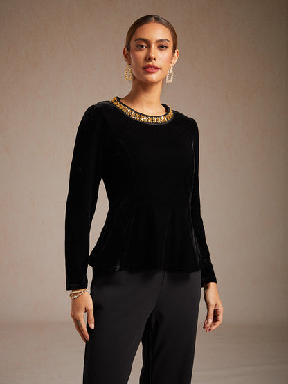 Elegant Stretch Velvet Peplum Blouse with Rhinestone Details