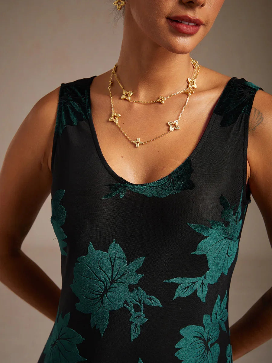 Velvet Floral Evening Gown with Asymmetrical Hem