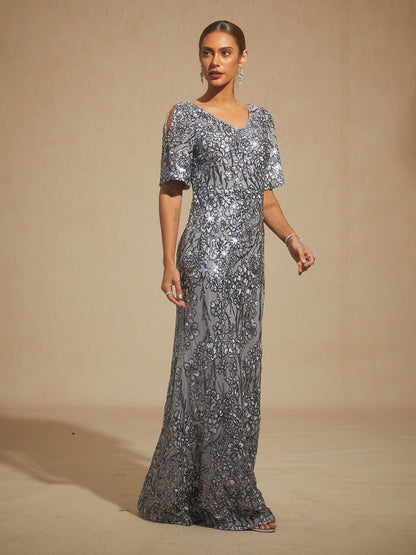V-Neck Sequin Embroidered Cold Shoulder Evening Dress