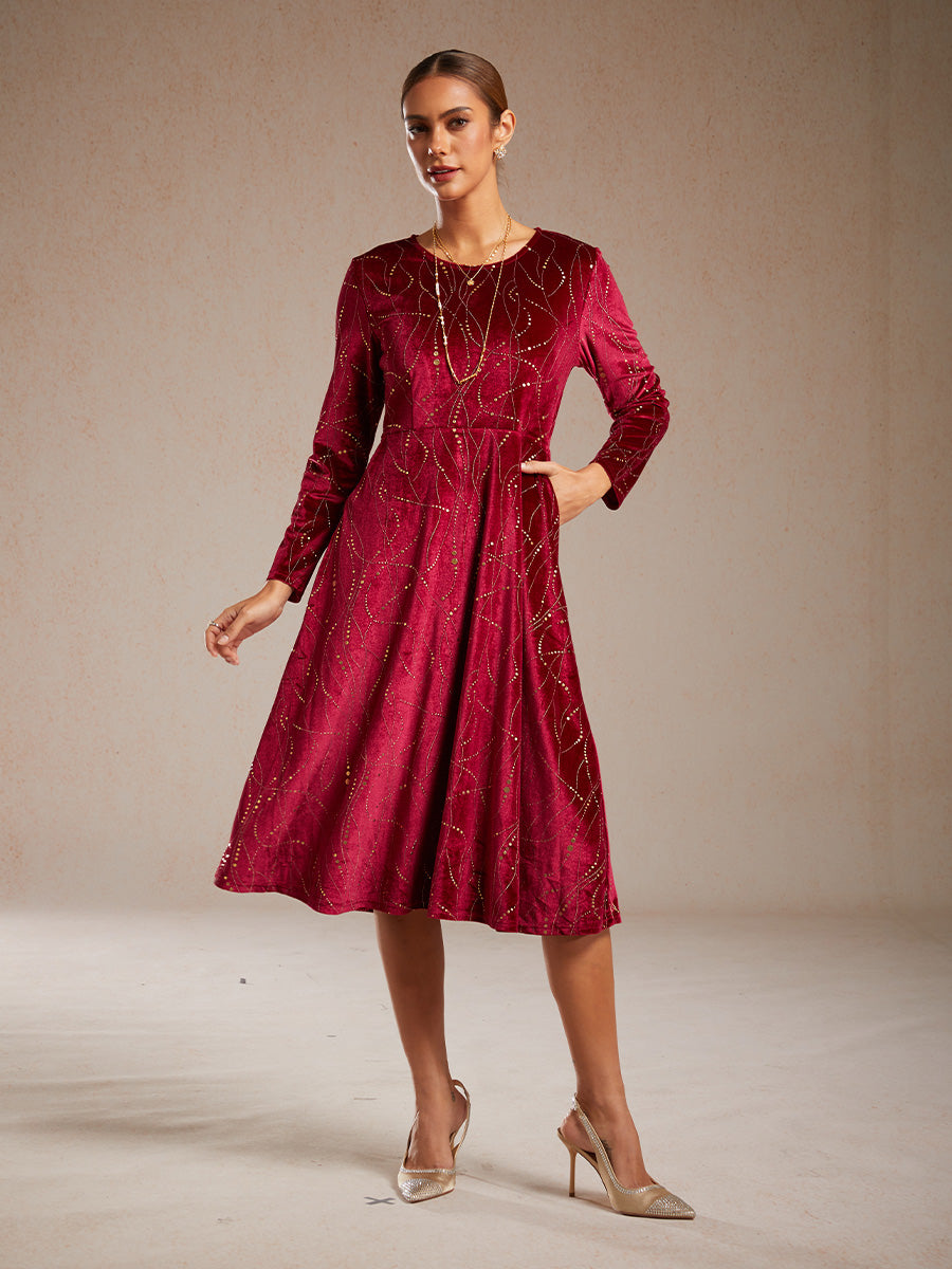Velvet A-Line Dress Gold Foil with Pockets