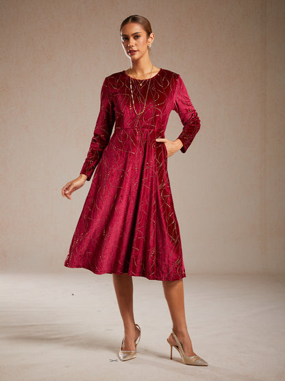 Velvet A-Line Dress Gold Foil with Pockets