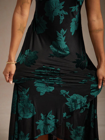 Velvet Floral Evening Gown with Asymmetrical Hem