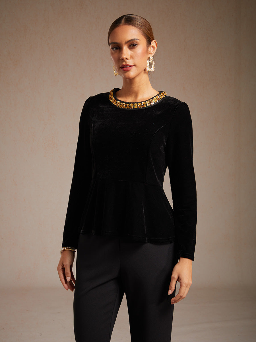 Elegant Stretch Velvet Peplum Blouse with Rhinestone Details