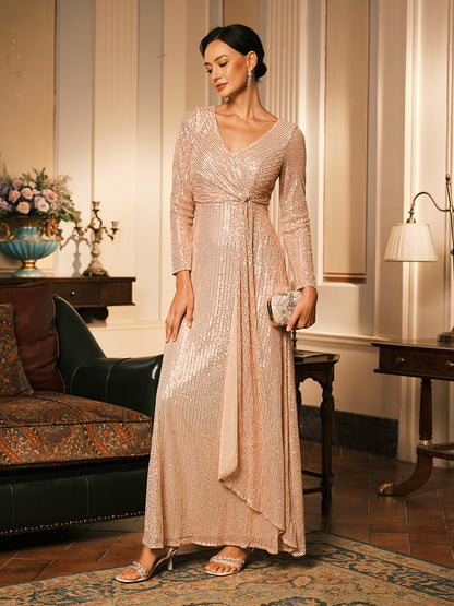 Sequin V Neck Evening Gown with Twist Design