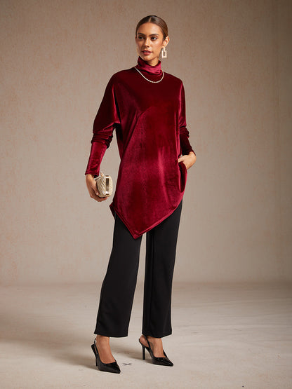Velvet Tunic Blouse with Turtleneck and Asymmetric Hem