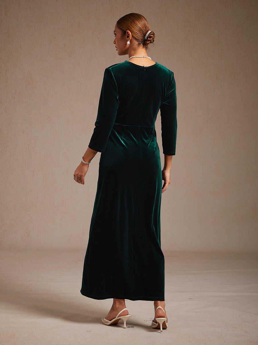 Long Stretch Velvet Dress with Twisted Detail