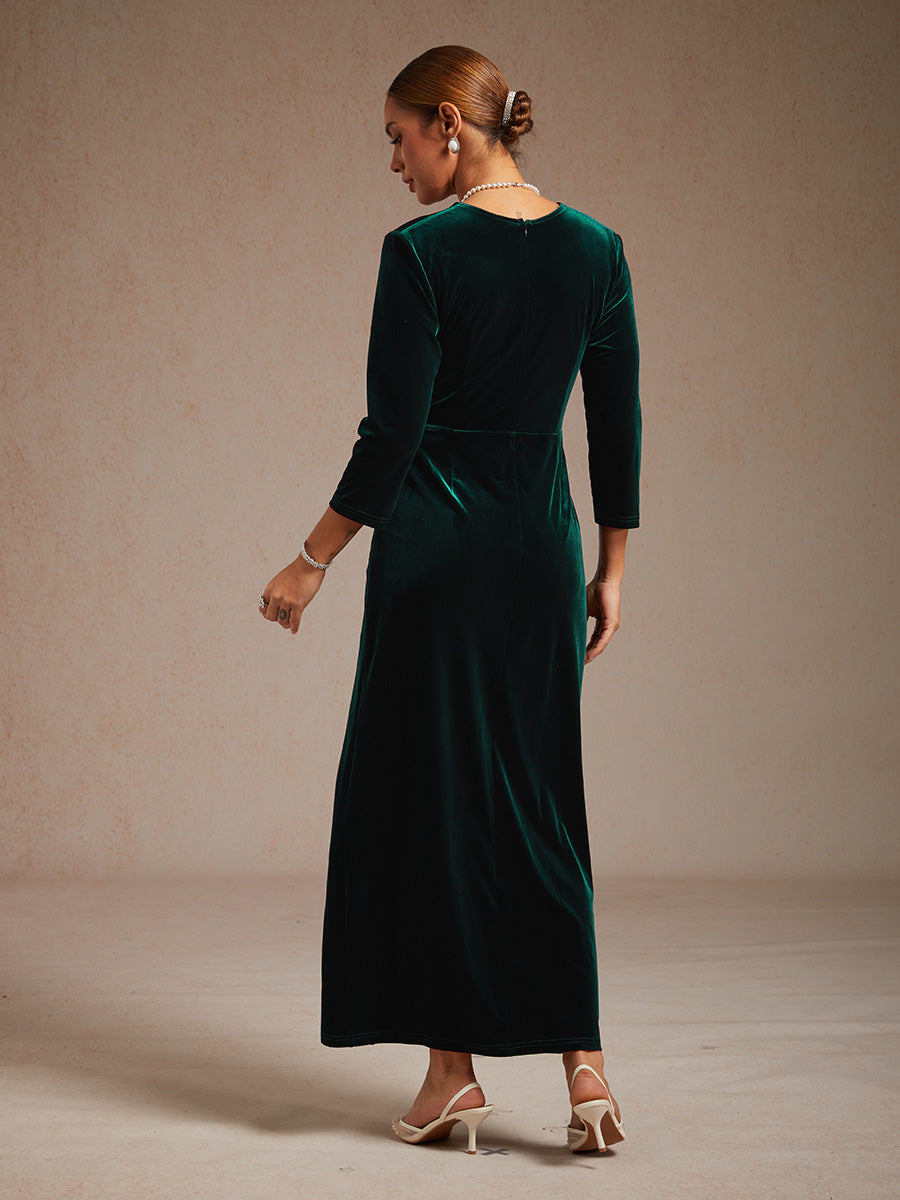Long Stretch Velvet Dress with Twisted Detail