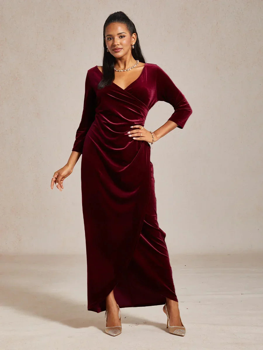 Long Stretch Velvet Evening Dress with 3/4 Sleeves