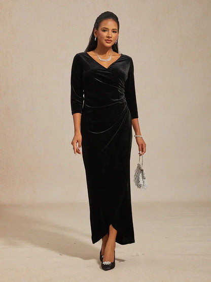 Long Stretch Velvet Evening Dress with 3/4 Sleeves