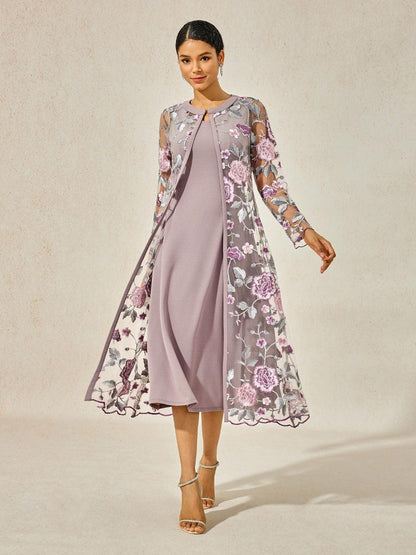 Robe deux pièces en mousseline de soie, maille, dentelle, volants brodés, motif floral