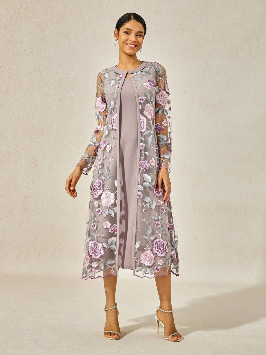 Zweiteiliges Kleid aus Chiffon, Netzspitze, bestickten Rüschen und Blumen