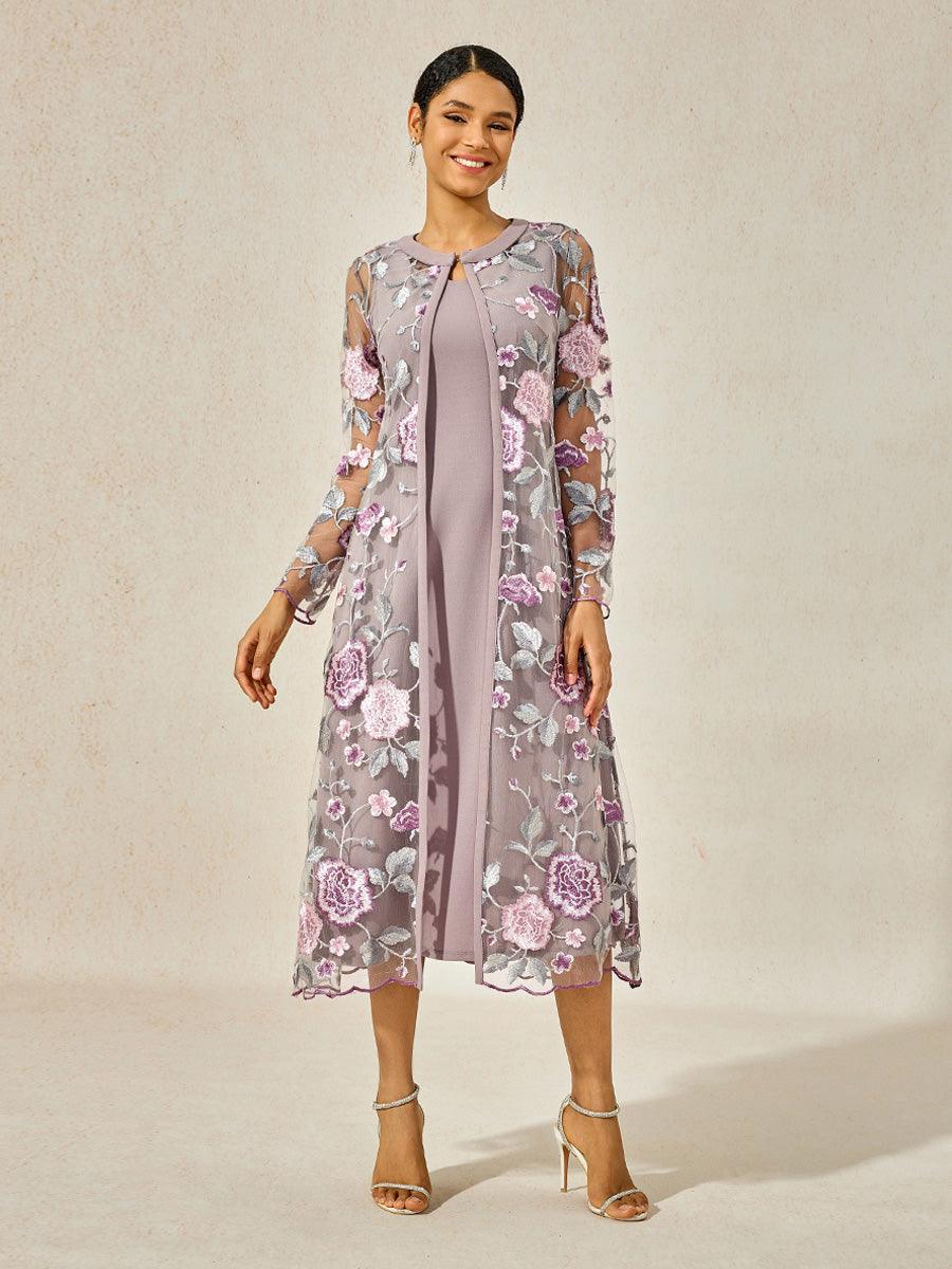 Lace Trim V-neck Chiffon A-Line Dress with Jacket Lilac