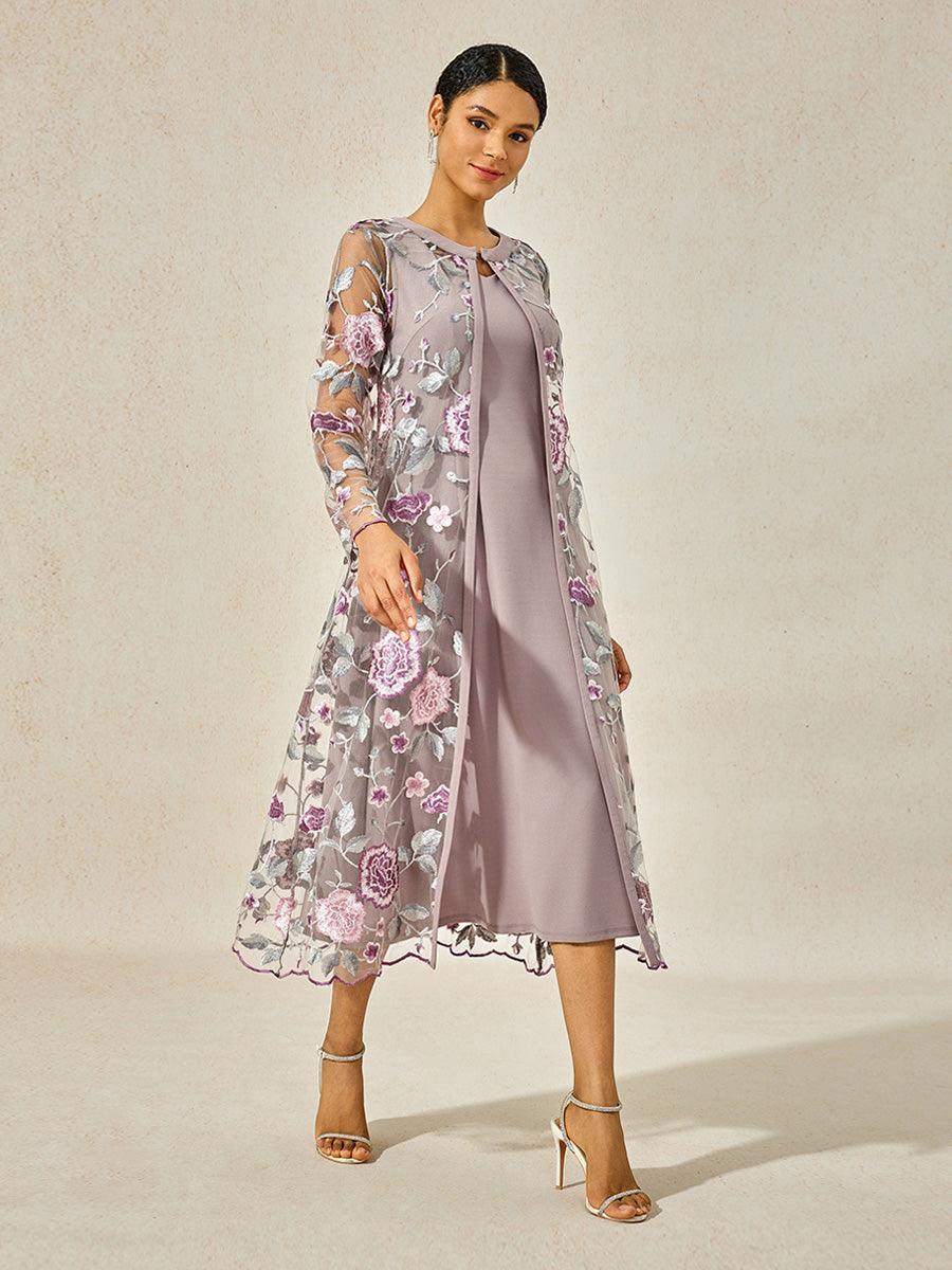 Zweiteiliges Kleid aus Chiffon, Netzspitze, bestickten Rüschen und Blumen
