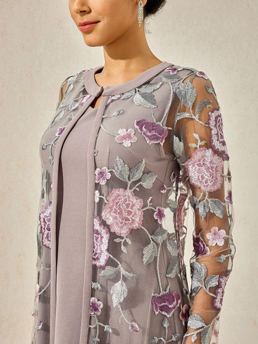 Lace Trim V-neck Chiffon A-Line Dress with Jacket Fuchsia