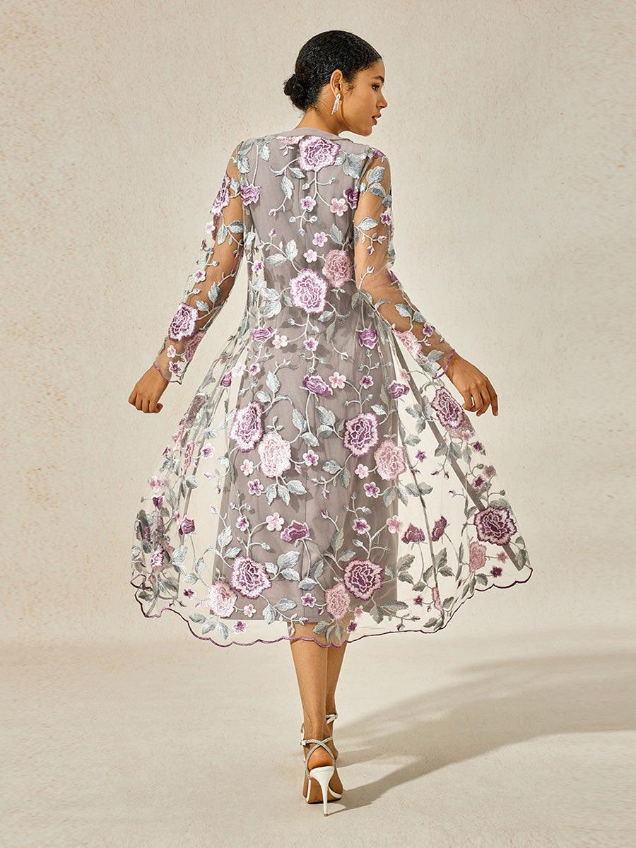 Aveline Double-breasted Dress with Embroidered Fake Collar Detail and Pockets