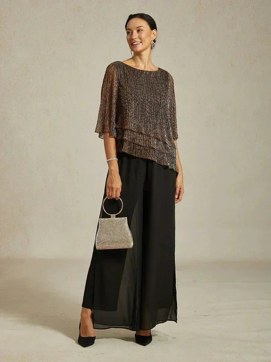Metallic Pleated Chiffon Asymmetrical Layered Blouse