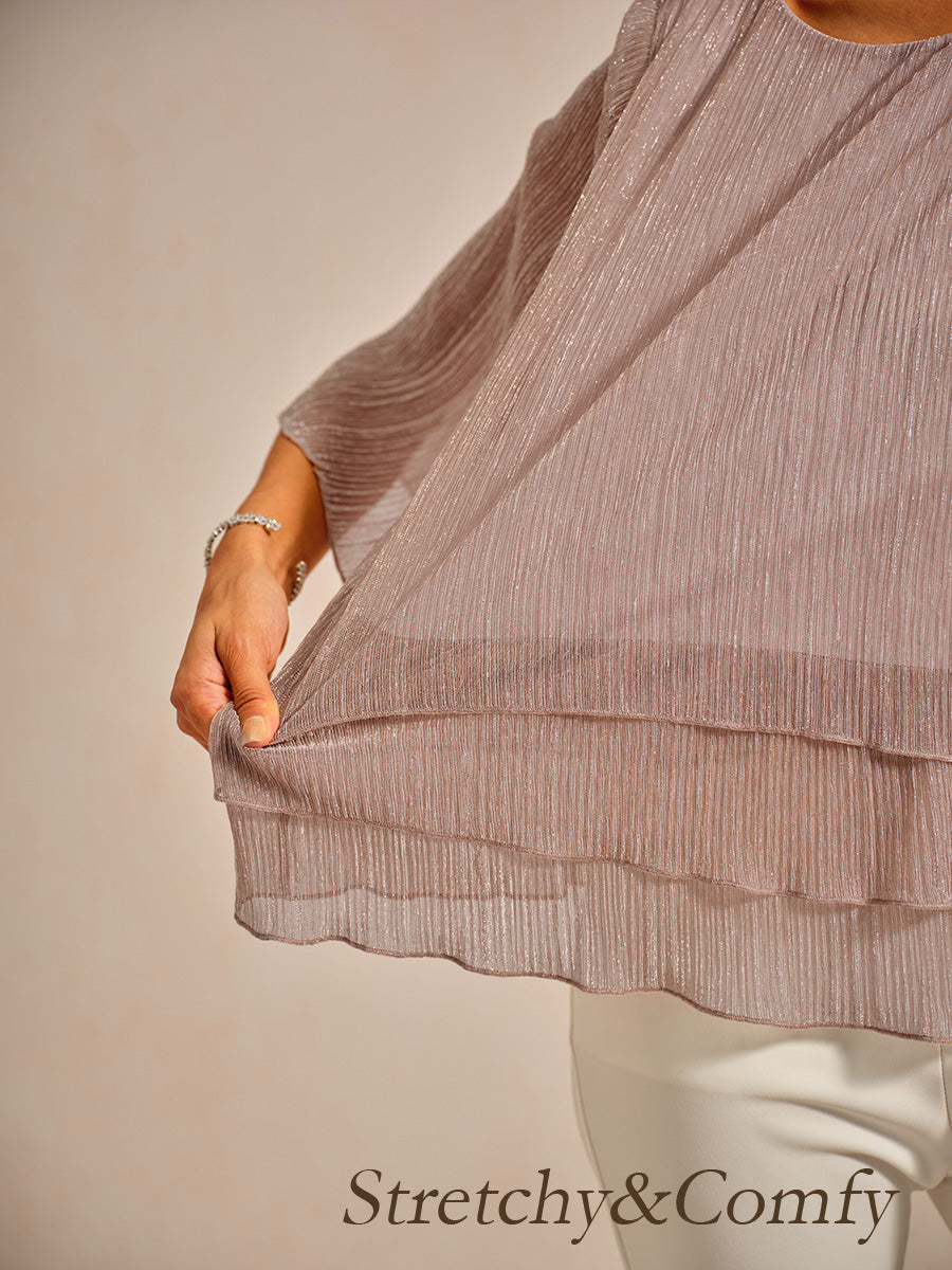 Metallic Pleated Chiffon Asymmetrical Layered Blouse