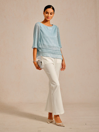 Metallic Pleated Chiffon Asymmetrical Layered Blouse
