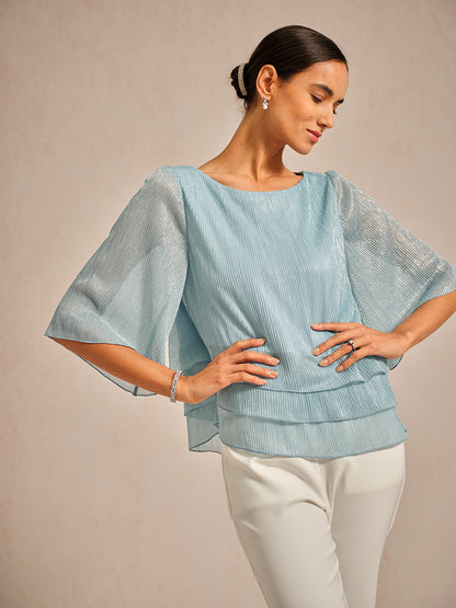 Metallic Pleated Chiffon Asymmetrical Layered Blouse