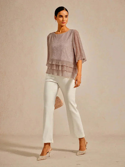 Metallic Pleated Chiffon Asymmetrical Layered Blouse