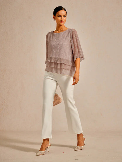 Metallic Pleated Chiffon Asymmetrical Layered Blouse