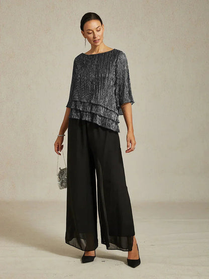 Metallic Pleated Chiffon Asymmetrical Layered Blouse