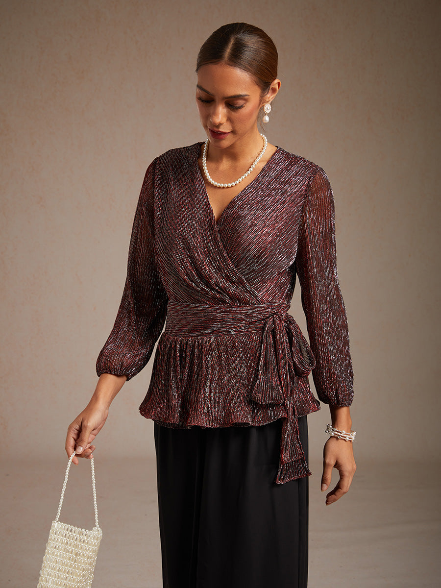 Metallic Pleated Chiffon Evening Wrap Top