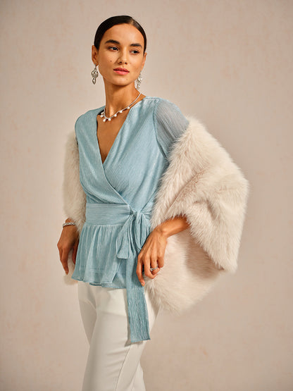 Metallic Pleated Chiffon Evening Wrap Top