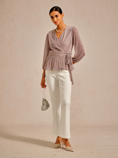 Metallic Pleated Chiffon Evening Wrap Top