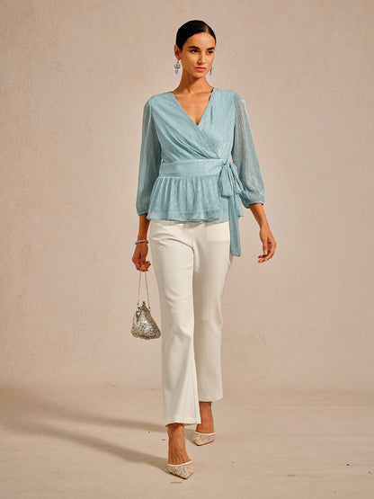 Metallic Pleated Chiffon Evening Wrap Top