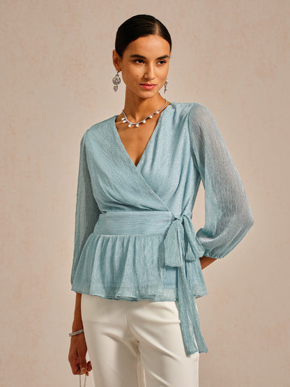 Metallic Pleated Chiffon Evening Wrap Top