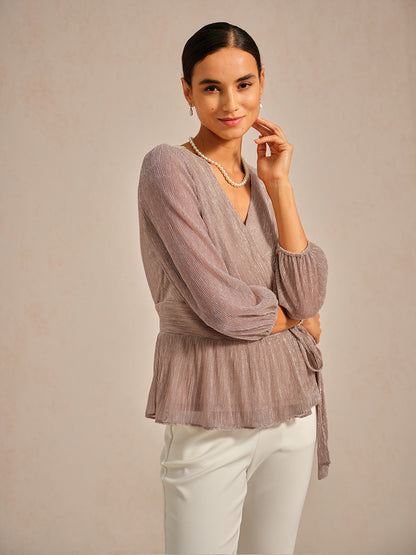 Metallic Pleated Chiffon Evening Wrap Top