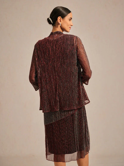 Metallic Pleated Chiffon Long Jacket with Layered Design