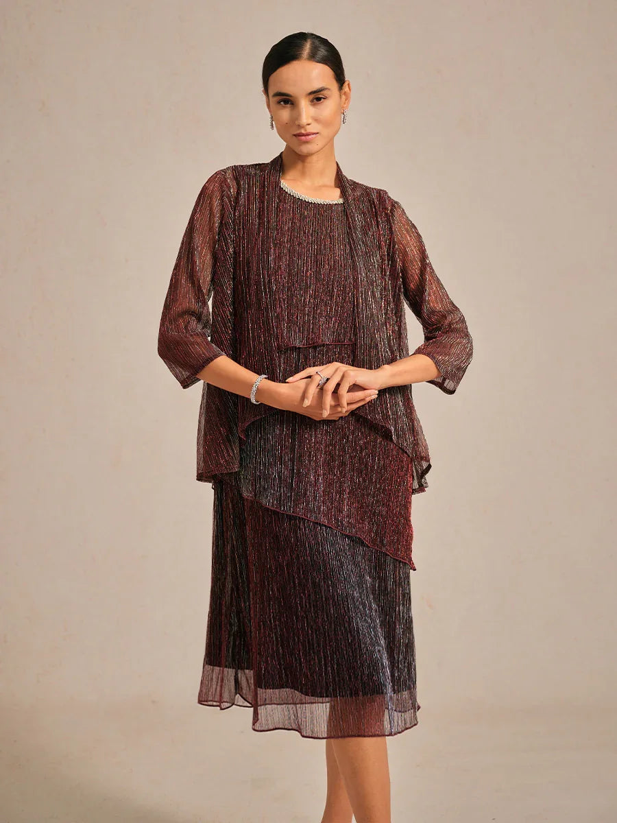 Metallic Pleated Chiffon Long Jacket with Layered Design