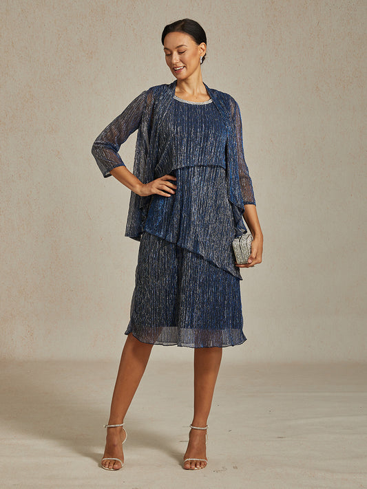 Metallic Pleated Chiffon Midi Dress with Beaded Round Neck