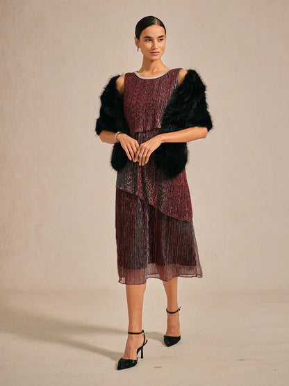 Metallic Pleated Chiffon Midi Dress with Beaded Round Neck