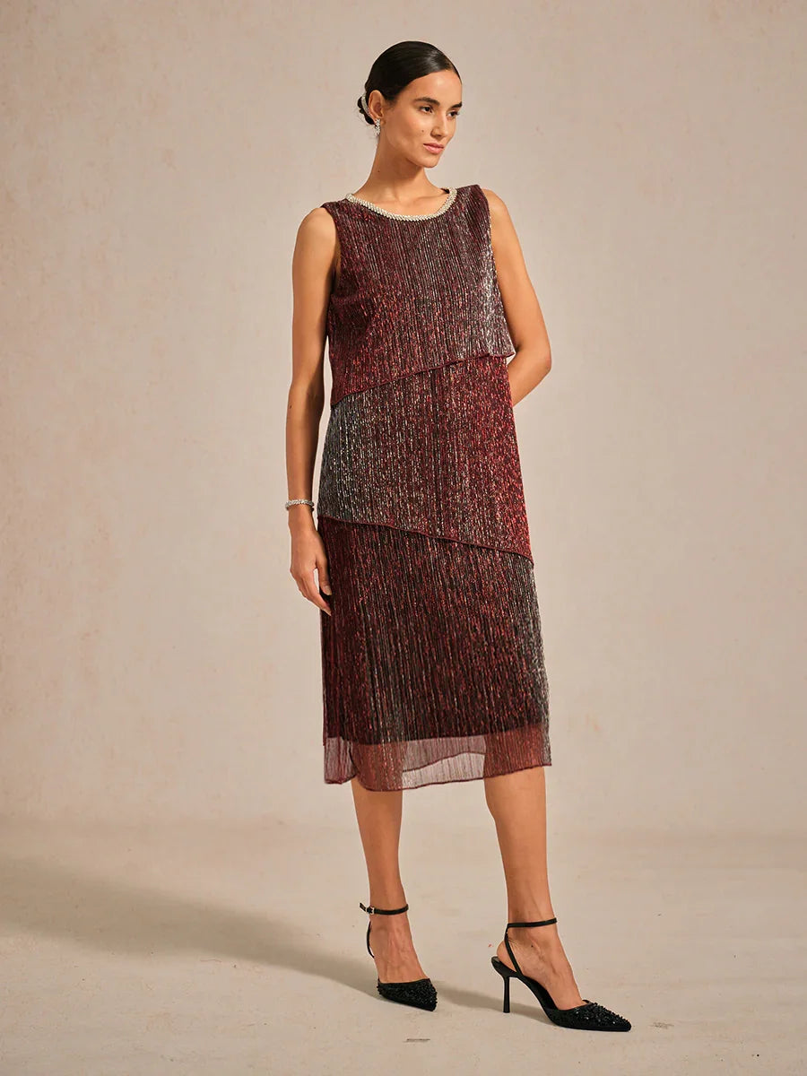 Metallic Pleated Chiffon Midi Dress with Beaded Round Neck