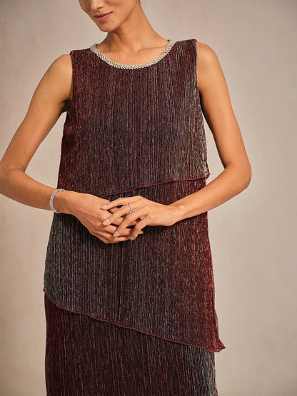 Metallic Pleated Chiffon Midi Dress with Beaded Round Neck