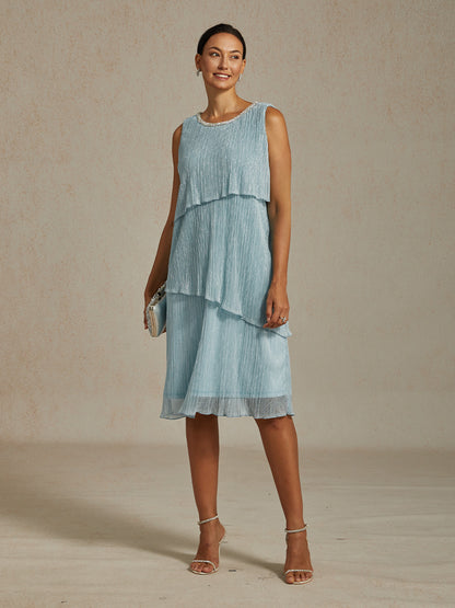 Metallic Pleated Chiffon Midi Dress with Beaded Round Neck