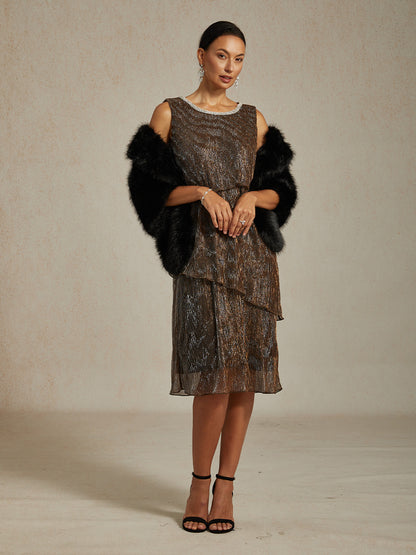 Metallic Pleated Chiffon Midi Dress with Beaded Round Neck