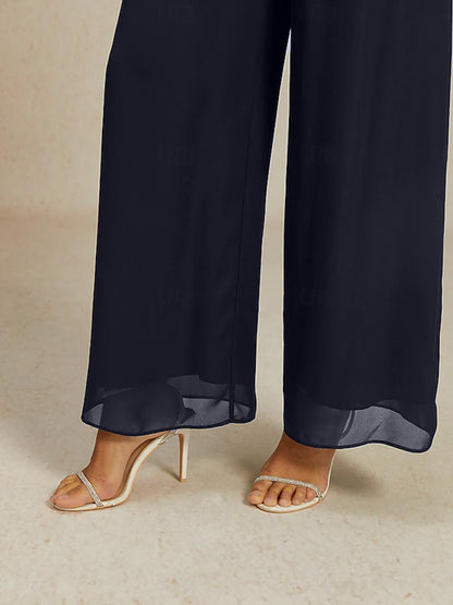 Mid-Rise Elastic Waist Wide-Leg Chiffon Pants