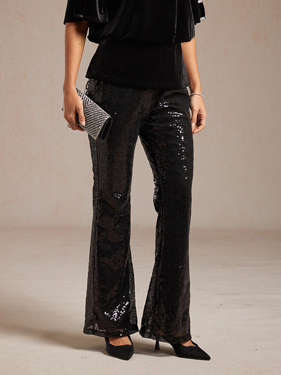 Sequin Flare Pants for Women with Elastic Waist