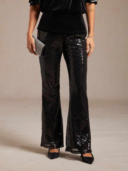 Sequin Flare Pants for Women with Elastic Waist