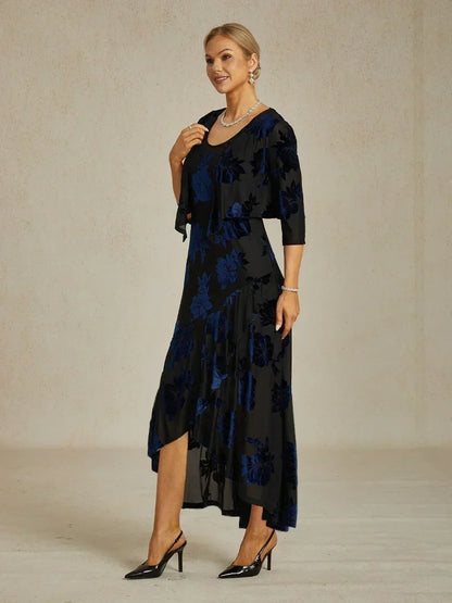 Robe de soirée en chiffon à fleurs marine avec ourlet asymétrique