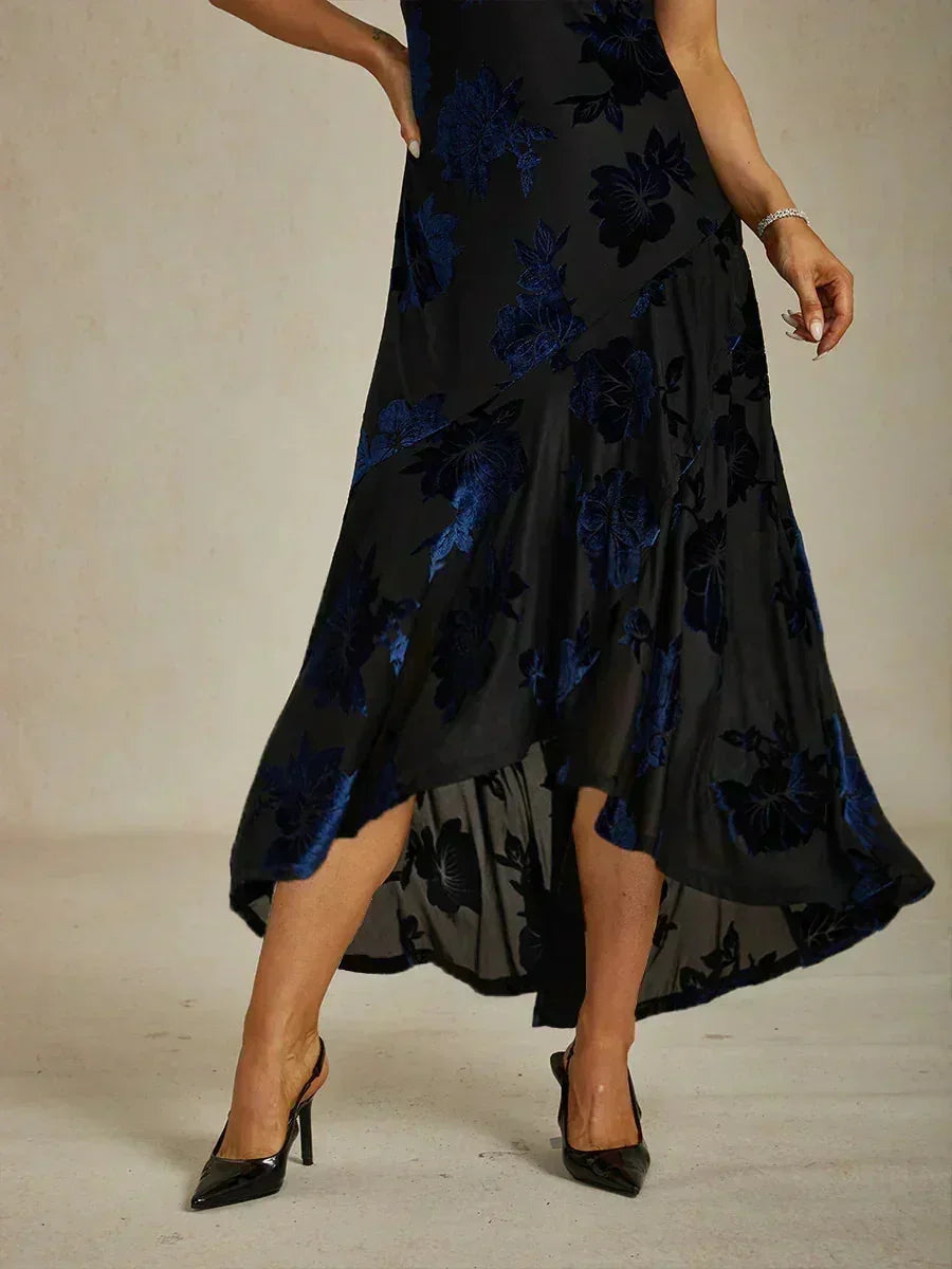 Navy Floral Chiffon Evening Gown with Asymmetrical Hem