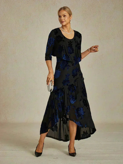 Navy Floral Chiffon Evening Gown with Asymmetrical Hem