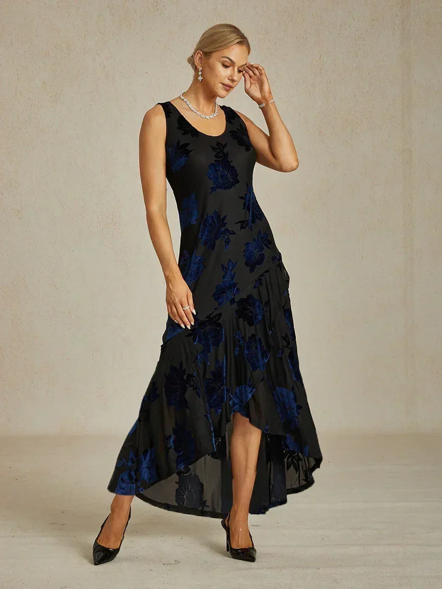 Robe de soirée en chiffon à fleurs marine avec ourlet asymétrique