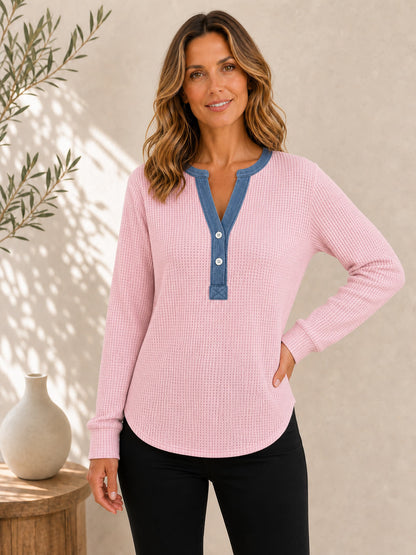 Cotton Waffle Henley Top